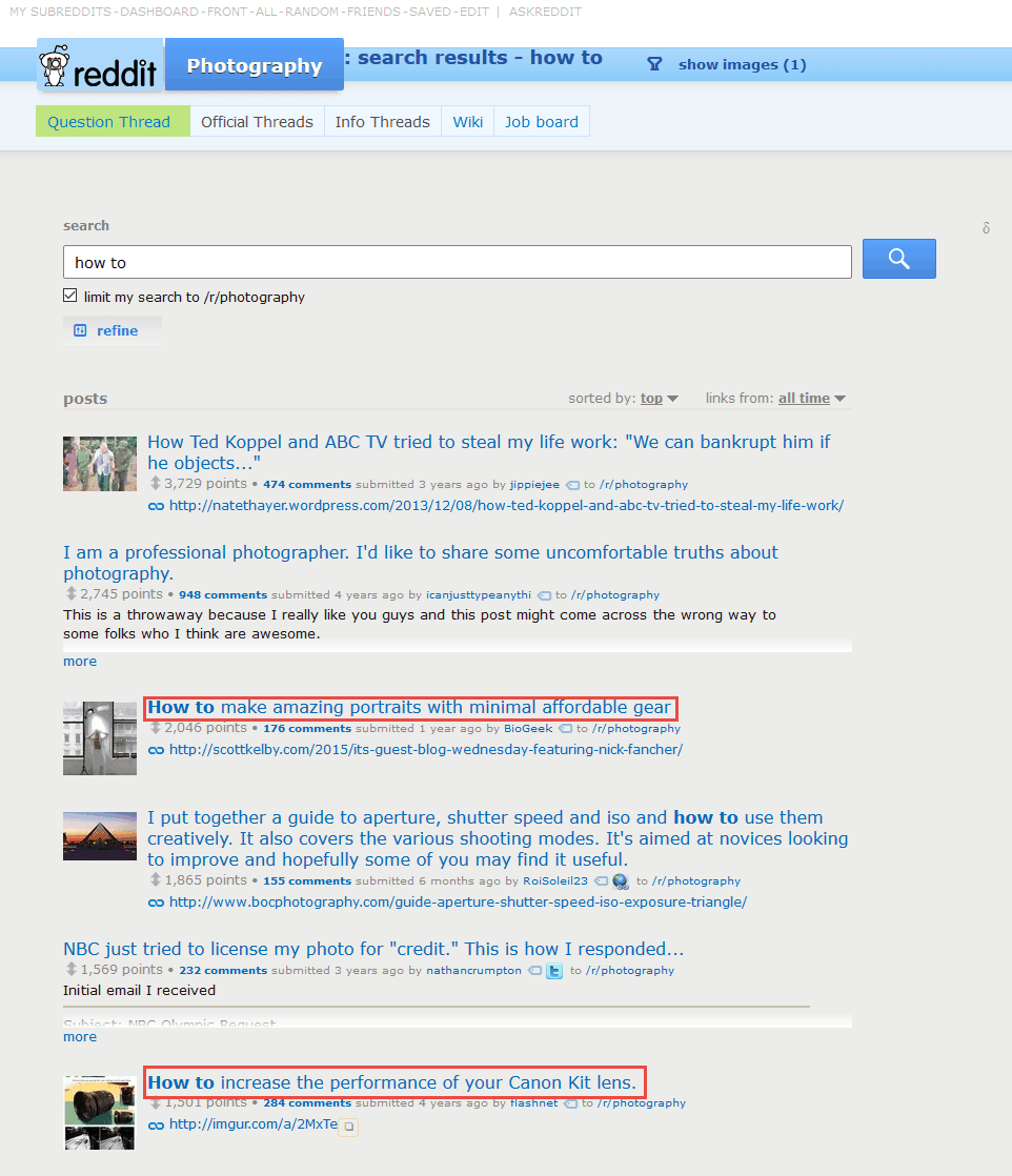 Search "how to" in /r/photography subreddit